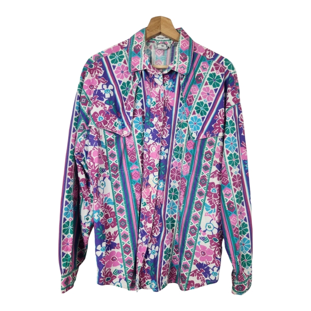 90s Vintage Side Saddle Floral Western Shirt Large Pink Purple Turquoise Flawed
